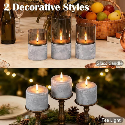 Rechargeable Marble Flameless Candles, Gray Glass LED Pillar Candle with Remote & Timer,Decorative Candles for Living Room, Bedroom, Holiday Décor & Gifts for Women,Set of 3