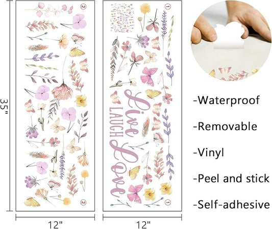 Mfault Watercolor Floral Wall Decals Stickers, Live Laugh Love Flower Butterfly Botanical Decorations Bedroom Art, Spring Summer Wildflower Natural Home Living Room Kitchen Decor