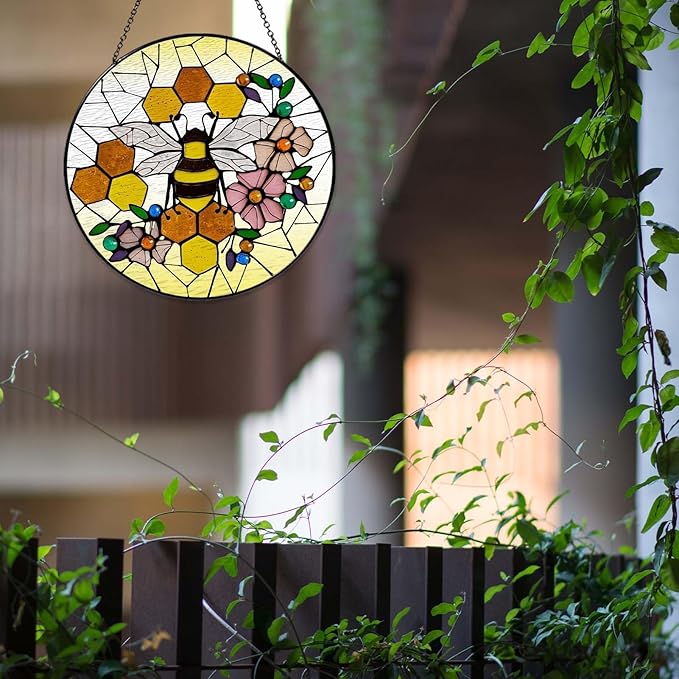 Honeycomb Sun Catcher Stained Glass Window Hanging Gifts for Women Bee Wall Decor Handmade Sun Catcher Decoration for Home Garden Housewarming Gifts