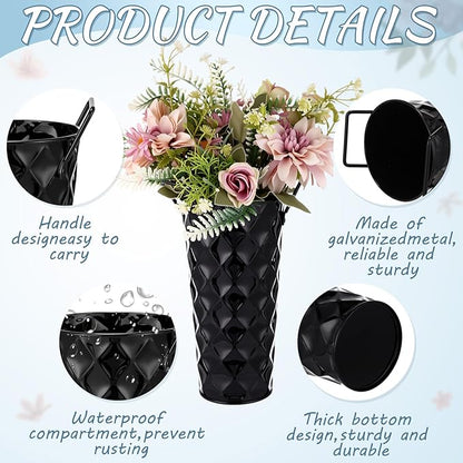 6 Pcs Black Metal Flower Vases 9 Inch Galvanized Flower Bucket Spring Farmhouse French Bucket with Handles, Floral Vases for Centerpiece Bar Wedding Bouquet Table Decoration Supplies