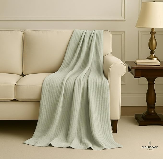 Luxury 100% Cotton Muslin Throw Blanket, 4 Layer Extra Large 50x70in, Perfect for Couch, Sofa, Home Decor, Soft Cotton Gauze Travel Blanket, Winter Cozy Throw, All Season Seafoam