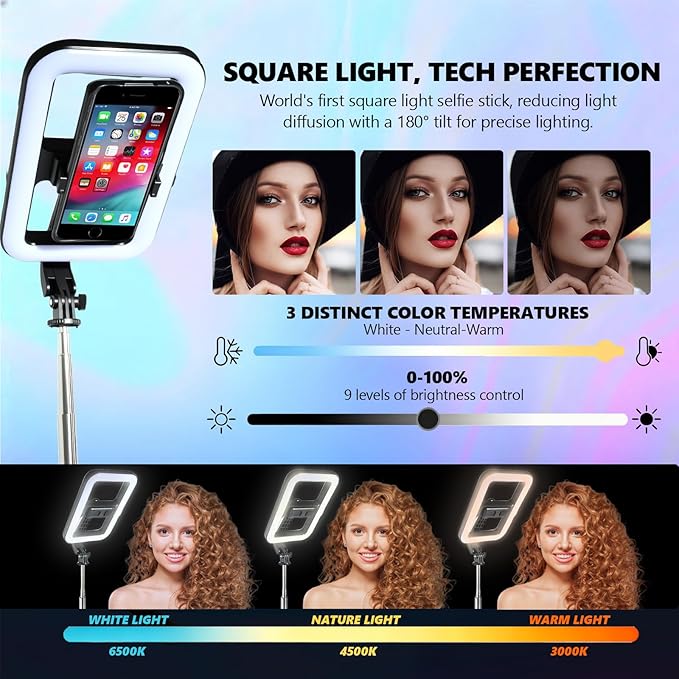 Foldable Selfie Light with Stand,54" Extendable Phone Holder Selfie Stick with Dimmable LED Lights and Remote,Ring Light Tripod for Video Recording/Live Stream/Makeup/Photography/YouTube/TikTok