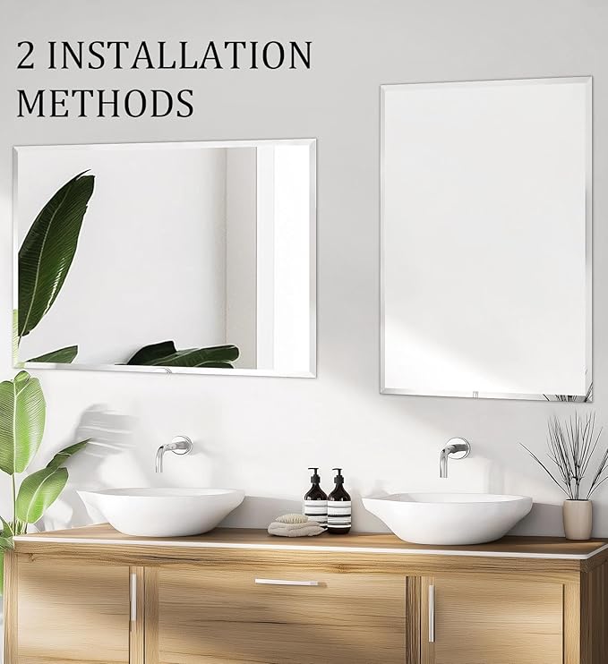 Frameless Rectangular Wall Mirror: Decorative Rectangle Mirrored Glass Vanity with Beveled Silver Edge for Bathroom Bedroom Livingroom Dining Room Entryway Hallway, 20 x 16 inch