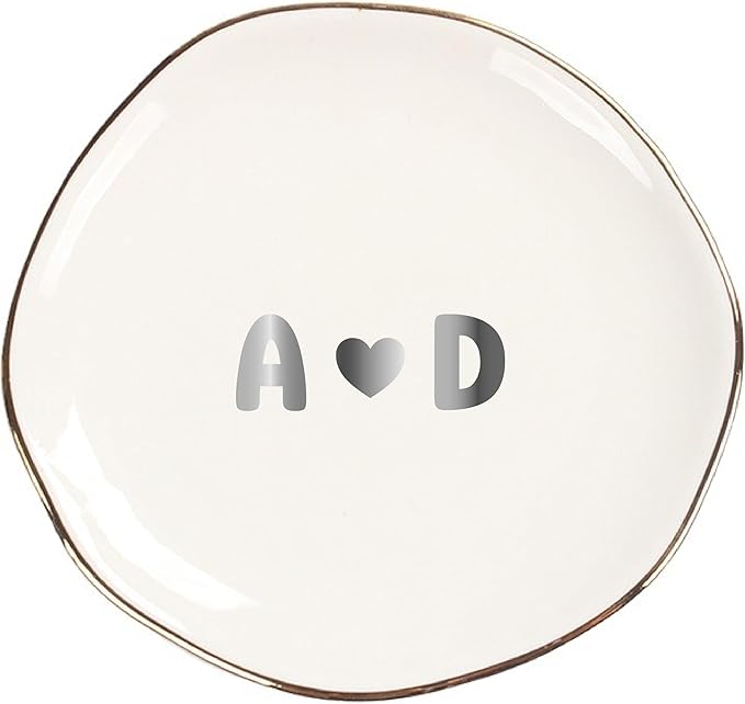 Personalized Ceramic Gold Trim Jewelry Tray Bridesmaid Wedding Engagement Gifts Jewelry Dish Decorative Trinket Custom Ring Dish With Name Couple Initials (Style D)
