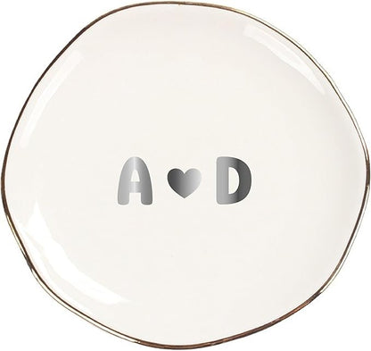 Personalized Ceramic Gold Trim Jewelry Tray Bridesmaid Wedding Engagement Gifts Jewelry Dish Decorative Trinket Custom Ring Dish With Name Couple Initials (Style D)