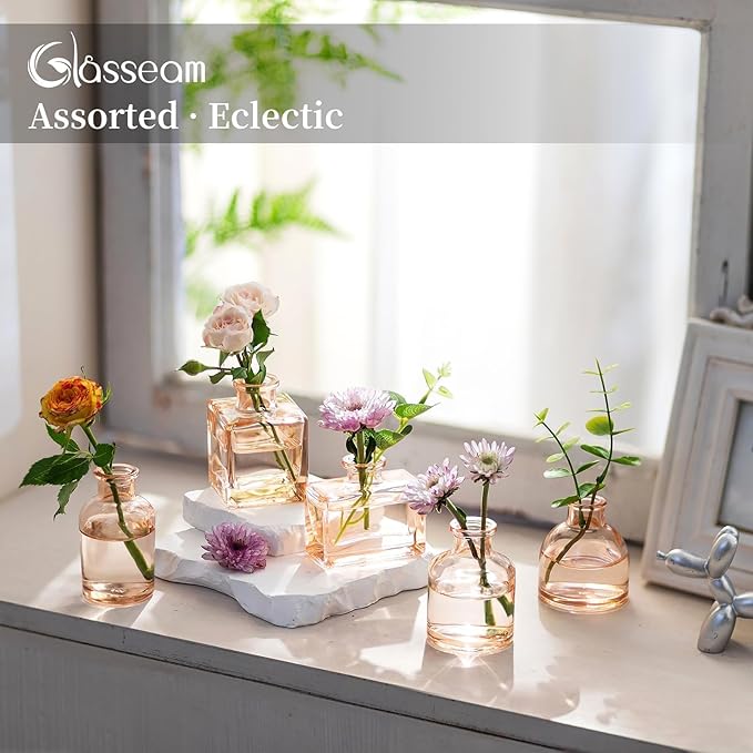Glasseam Bud Flower Vases in Bulk: 40 Glass Cute Small Vases for Centerpieces Vintage Mini Wedding Birthday Party Table Centerpieces Tiny Baby Shower Dining Room Decoration Champagne