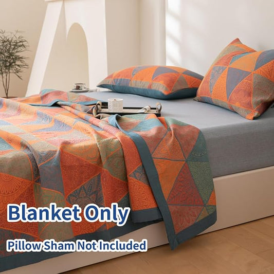 100% Cotton Muslin Blanket Jacquard Bohomian Mandala Triangle Quilt, Soft Bed Cover 3 Layers Reversible Bedspread Coverlet Breathable Lightweight Bedding King(98"x94"), No Pillow Sham