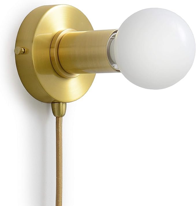 BRIGHTTIA Plug-in Simple Ring Wall Sconce Light - Brushed Gold - Modern Minimalist Lighting for Apartments and Dorms - Mid Century Industrial Exposed Bulb Wall Lamp - 15Ft Fabric Cord (BW0005-1GP)