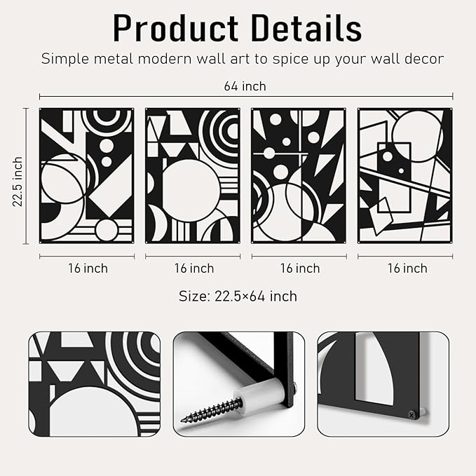 Bakovity Black Abstract Wall Art, Metal Art Wall Decor, Large Geometry Art, Modern 3D Abstract Wall Sculptures for Bedroom Bathroom Living Room (4 Pack, 22.5 x 16 in)