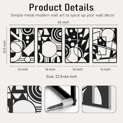 Bakovity Black Abstract Wall Art, Metal Art Wall Decor, Large Geometry Art, Modern 3D Abstract Wall Sculptures for Bedroom Bathroom Living Room (4 Pack, 22.5 x 16 in)