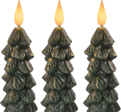 Homemory 3 PCS Flameless Taper Candles with 6-Hours Timer, 9.7 Inches Christmas Tree Candlesticks, Real Wax Battery Operated Window Candles with 3D Flickering Flame for Fireplace Christmas