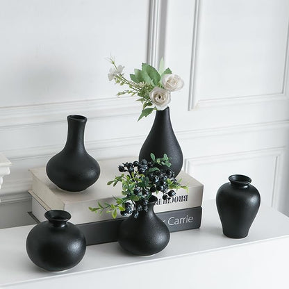 Tanvecle Small Black Vases, Ceramic Bud Vase Set of 5, Mini Pottery Vases for Pampas Grass, Flowers, Decorative Vases for Home Modern Decor, Rustic Decor, Veses for Living Room Dining Table Shelves