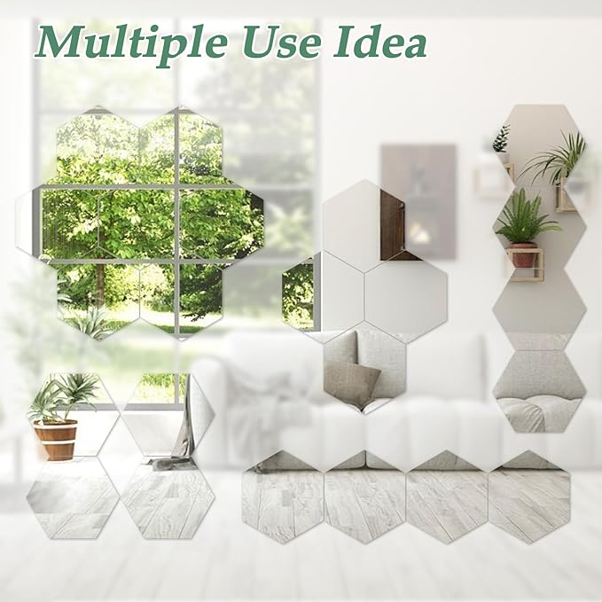 Abyssaly 4 Pack Acrylic Mirror Stickers, 3D Hexagon Flexible Plastic Mirror Tiles for Wall, Frameless Non-Glass Full Length Stick on Espejos Wall Tile Sheets for Bedroom Home Gym Door, 7.87" x 7.87"