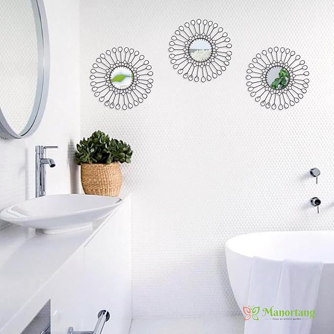 Black Mirrors 3 Piece, Sunburst Mirror Hanging Wall Decor, 9 inch Decorative Mirrors Wall Art, Rhinestone Round Mirror for Bedroom, Christmas, Kitchen, House Warming