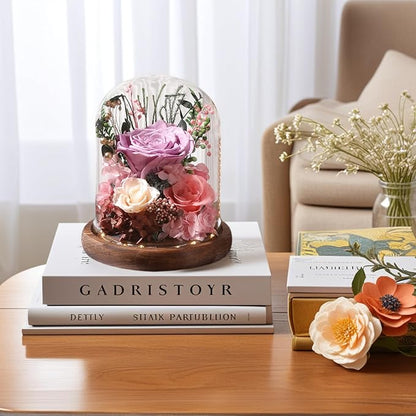 LOVENFOLD Flowers for Delivery Preserved Flowers lilac Roses with LED Light in a Glass Dome,Long Lasting Forever Flowers Birthday Gifts for Women Daughter Mom Wife Friend（lilac Rose）