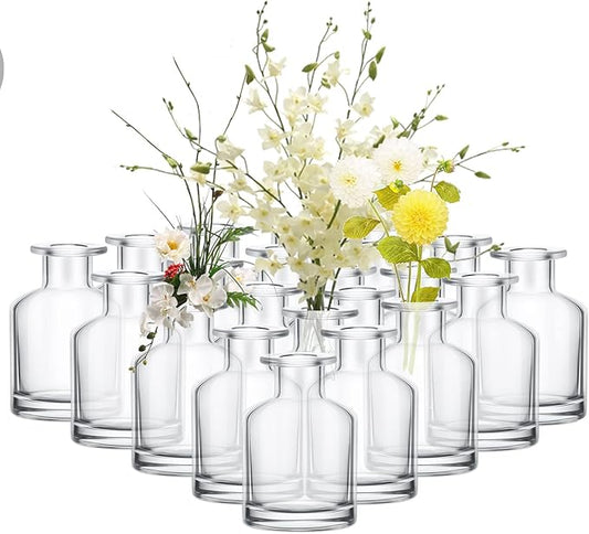 Mimorou 24 Pack Clear Glass Bud Vases Bulk Small Glass Living Vases for Centerpieces Vintage Table Decorative Bottle for Flowers Rustic Wedding Reception Party Decoration(1.85 x 2.87 in)