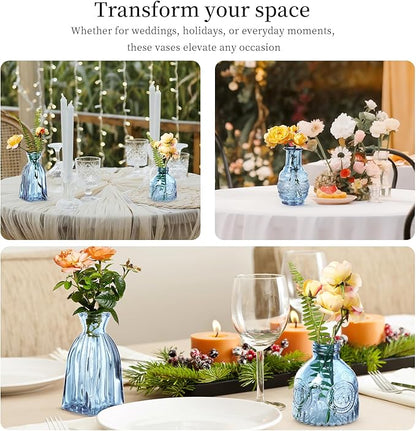 Glass Bud Vases Set of 64 - Blue Assorted Small Mini Glass Vases for Flowers, Crystal Vintage Vase Set, Bulk Centerpieces for Table Décor, Wedding, Home and Events (Blue, 64 Pcs)