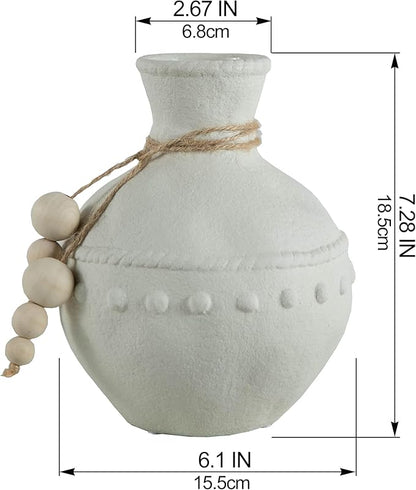 Rustic Ceramic Vase with Boho Wooden Beads, Matte Decorative Pottery for Modern Farmhouse and Bohemian Decor, Floral Arrangements, Living Room, Dining Table Centerpieces
