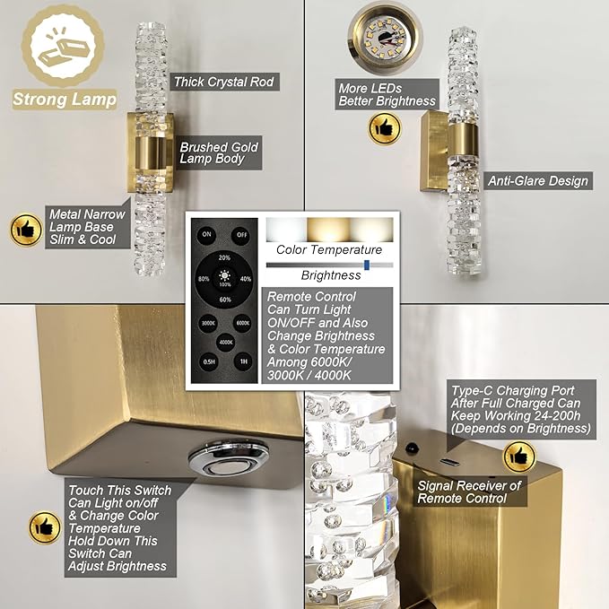 Battery Powered Crystal Wall Lights Set of 2 Rechargeable with Remote and Timmer | Small Gold Crystal Rod Wall Sconces Decor Vanity Lights for Bathroom Living Room Bedroom (2 Pack, Gold, 13.2'')