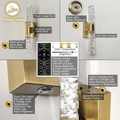 Battery Powered Crystal Wall Lights Set of 2 Rechargeable with Remote and Timmer | Small Gold Crystal Rod Wall Sconces Decor Vanity Lights for Bathroom Living Room Bedroom (2 Pack, Gold, 13.2'')
