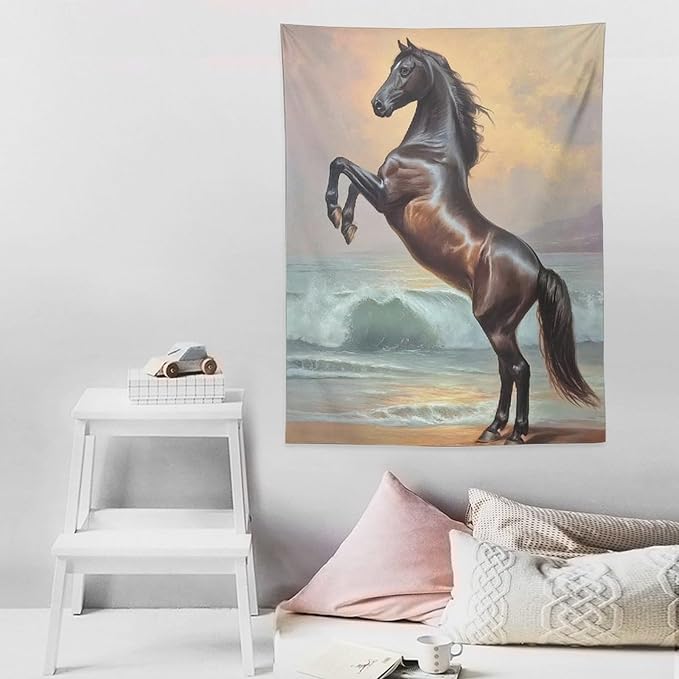 JYOUQOC Horse Animal Stands On The Beach Tapestry Wall Hanging Large Wall Art Decor Flag Backdrop for Bedroom Living Room Dorm 30"×40"