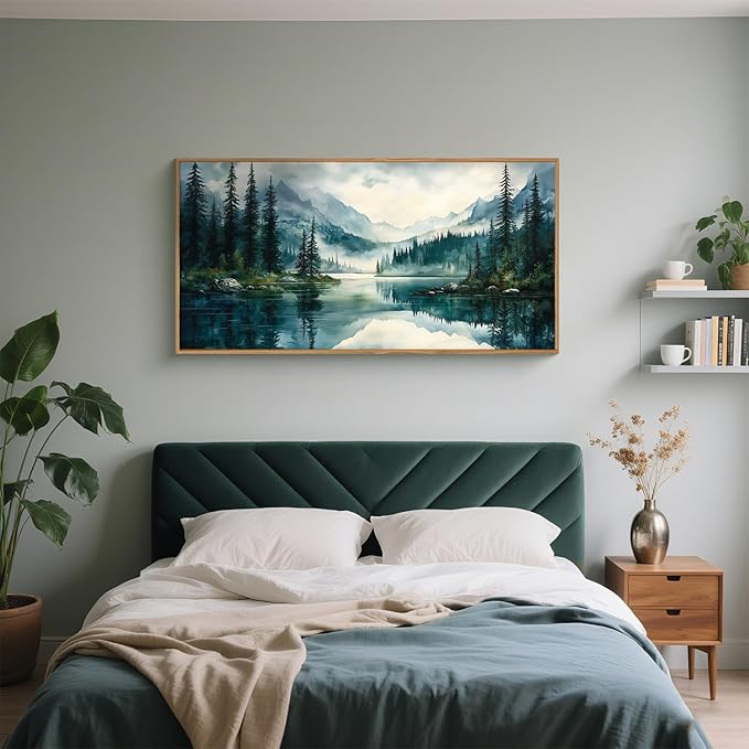 HLNIUC Green Foggy Forest Mountain Wall Art Framed,Large Boho Watercolor Pine Tree Wall Decor (20"x40"), Nature Dark Lake Landscape Scenery Canvas Painting for Living Room, Bedroom, Office