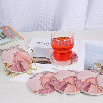 Absorbent Pink Marble Ceramic Coasters for Drinks with Gold Holder and Cork Base Set of 6 Round Decorative Tabletop Protection for Coffee Table Bar Kitchen Home and Dining Room