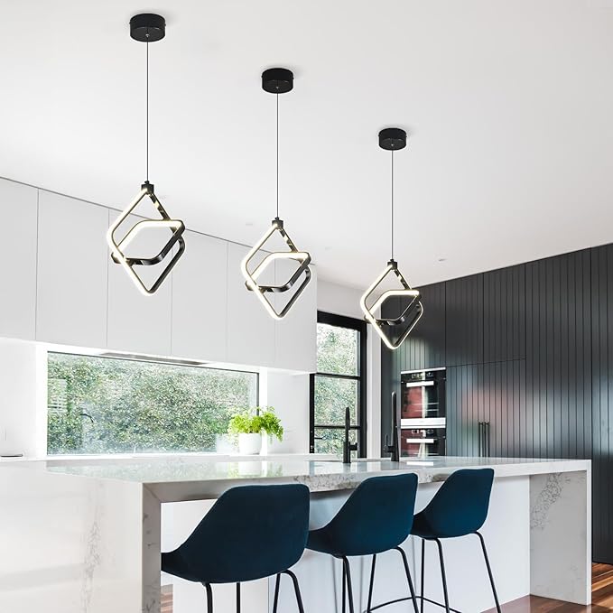 Modern LED Pendant Lights Plated Black Rectangular Pendant Light Fixtures 4000K 20W Dimmable Pendant Lighting for Dining Room Kitchen Island Bedroom Living Room Foyer（1-Pack）