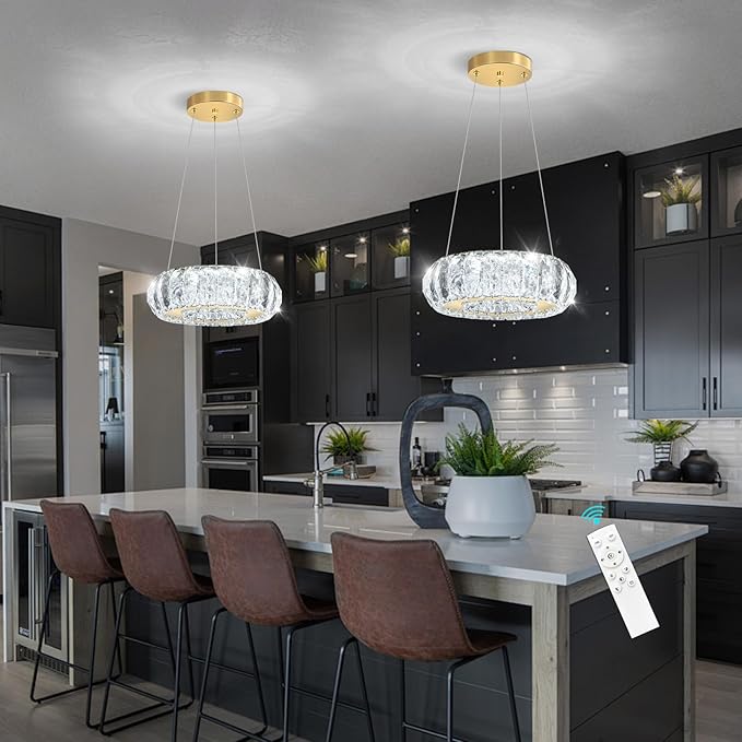 LED Ring Chandelier Modern Pendant Lights for Kitchen Island Dining Room Remote Dimmable Hanging Light Entryway Bedroom Crystal Lighting Gold Chandeliers