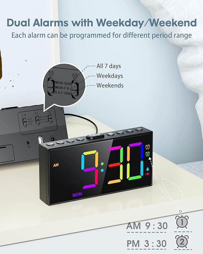 Loud Alarm Clock for Heavy Sleepers,RGB Vibrating Alarm Clock with Bed Shaker,3-level Vibrator,Dual Alarms,Weekday/Weekend,Dimmer,Volume,USB Phone Charger,Snooze,Plug in Clock with Memory Function