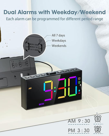 Loud Alarm Clock for Heavy Sleepers,RGB Vibrating Alarm Clock with Bed Shaker,3-level Vibrator,Dual Alarms,Weekday/Weekend,Dimmer,Volume,USB Phone Charger,Snooze,Plug in Clock with Memory Function