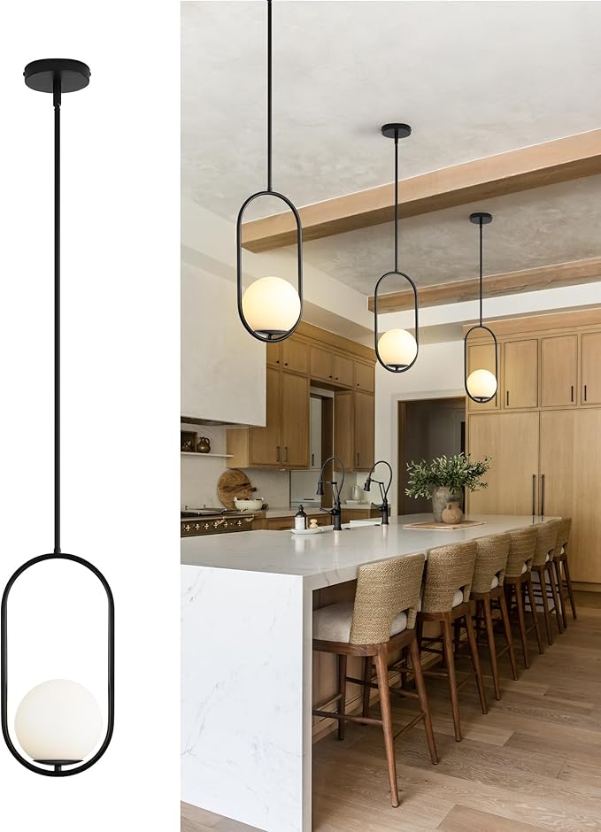 Yunnix 1-Light Modern Black Globe Pendant Lights Kitchen Island | Milk Glass Hanging Lamp for Kitchen Island, Dining Room, Bedroom, Living Room (Bulb Not Included)