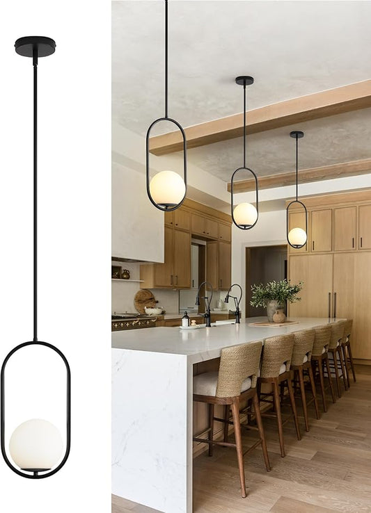 Yunnix 1-Light Modern Black Globe Pendant Lights Kitchen Island | Milk Glass Hanging Lamp for Kitchen Island, Dining Room, Bedroom, Living Room (Bulb Not Included)