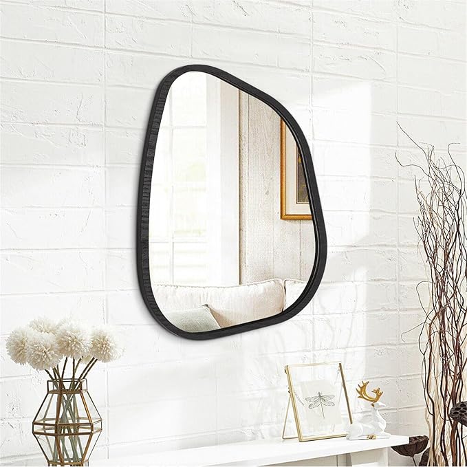 Irregular Wall Mirror Asymmetrical White Mirror Modern Wood Frame Unique Shape Wall Mounted Vanity Artistic Mirror Decor for Living Room Bedroom Bathroom Entryway Hallway 20"x16"