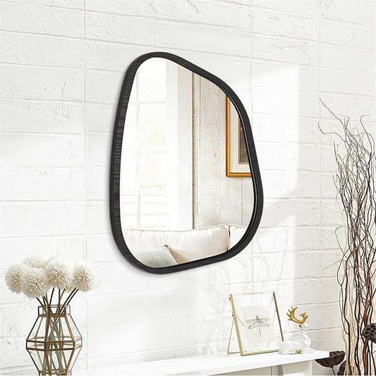 Irregular Wall Mirror Asymmetrical White Mirror Modern Wood Frame Unique Shape Wall Mounted Vanity Artistic Mirror Decor for Living Room Bedroom Bathroom Entryway Hallway 20"x16"