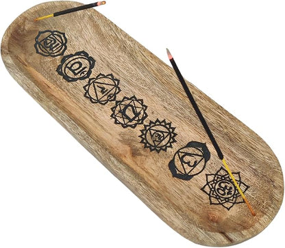 VANIYA CRAFTS® Wooden Handmade Symbols Design Boat Shape Incense Holder Stand Insence Tray for Home Decor Restaurant (11X4, Natural Black)