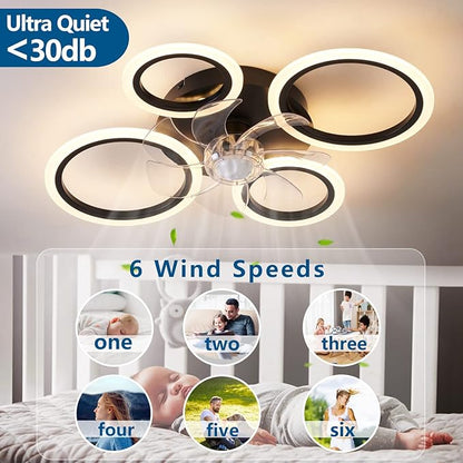 HuixuTe 26" Geometric Ceiling Fan with Lights Remote Control, 3 Colors, 6 Speeds, Bladeless, Low Profile for Kitchen, Bedroom