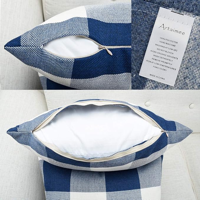 Artaimee Dark Blue & White Buffalo Check Plaid Throw Pillow Covers – 18 x 18 Inches, Pack of 2 – Soft Cotton Linen Cushion Case for Sofa, Couch, Bed, and Home Décor