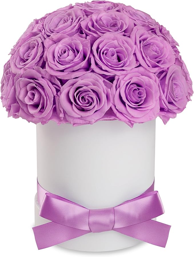 27 Forever Roses Dome in Luxury White Box, Eternal Real Roses Birthday Gifts for Women, Preserved Flowers for Delivery Prime, Anniversary, Valentine's Day, Mothers Day for Mom (Light Purple)
