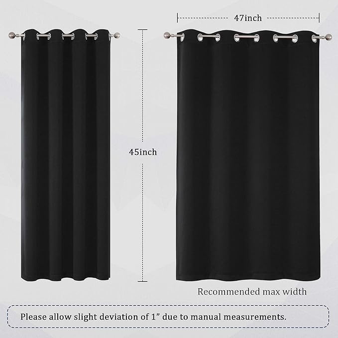 DUALIFE Black Curtains 45 Inch Length - Black Out Thermal Insulated Grommet Drapes for Office Small Windows 52x45 Inches Long Set of 2 Panels