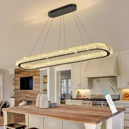 LED Oval Ring Chandelier Crystal Pendant Lighting for Dining Table Kitchen Island Remote Dimmable Hanging Light Chandeliers for Entryway Living Room Lights Black