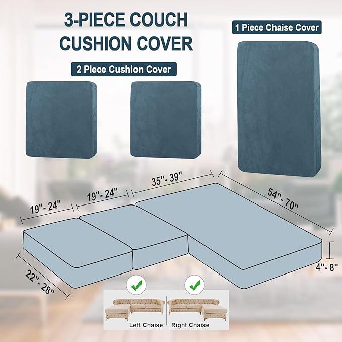 NAISI Sectional Couch Cover 3 Pieces Velvet Separate Couch Cushion Covers L Shape Soft Stretch Sofa Slipcovers with 2pcs Pillowcases for Left/Right Chaise Sectional Couch(2 Seater+1 Chaise,Teal)