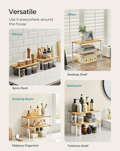 SONGMICS Cabinet Organizer Shelf, Set of 4 Kitchen Counter Shelves, Kitchen Storage, Spice Rack, Stackable, Expandable, Metal and Engineered Wood, Cloud White and Natural Beige UKCS210W01