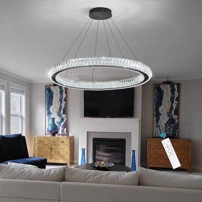 Modern Ring Chandelier LED Dimmable Living Room Chanderliers Entryway High Ceiling Crystal Ring Pendant Lights for Dining Room Bedroom Black Interior Light