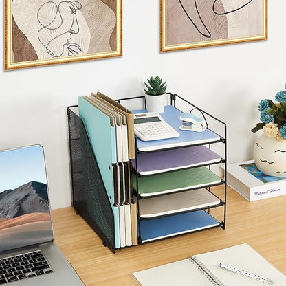 Desk Organizers and Accessories, 5-Tier Paper Letter Tray Organizer with File Holder, Desktop Organizer for Office Supplies (Black)