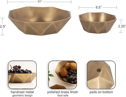 Kate and Laurel Octave Decorative Faceted Metal Bowls, Set of 2, Antique Brass, Cast Aluminum Food-Safe Fruit Bowls for Kitchen Counter or Use as a Key Bowl Set for an Entryway Table