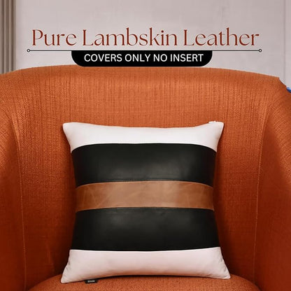 LL LEATHER LOVERS Genuine Lambskin Leather Pillow Cover, 22x22 Inch Case for Lumbar Throw Couch Pillows, Thick & Soft Cushion Covers for Sofa Bed Home Décor (White Black & Tan Pack of 1)