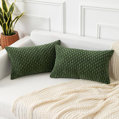 Kevin Textile 14x24 Inch Pillow Cover 1 Pack Boho Decorative Soft Striped Corduroy Lumbar Farmhouse Solid Color Accent Rectangle Cushion Case for Living Room Couch Sofa Bed, Moss Green