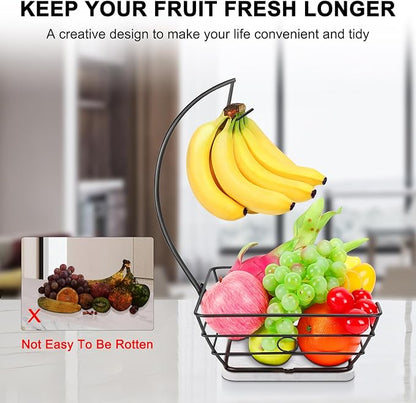 Livabber Countertop Fruit Basket Bowl with Banana Hanger, Modern Standing Fruit Vegetable Bowl Storage, with Banana Tree Holder for Kitchen Dinning Table (Square Marble, Black)