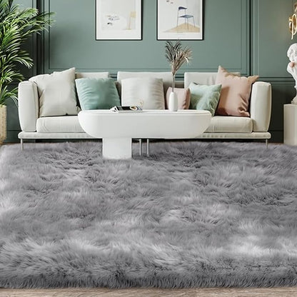 SERISSA Grey Faux Fur Area Rug, 5x8 Feet, Luxury Shaggy Rug for Living Room, Bedroom, Nursery Decor